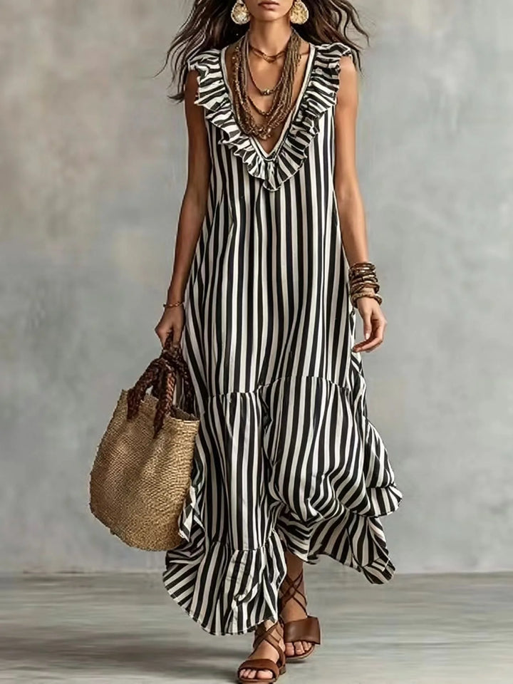 Elara Ruffle Striped Maxi Dress