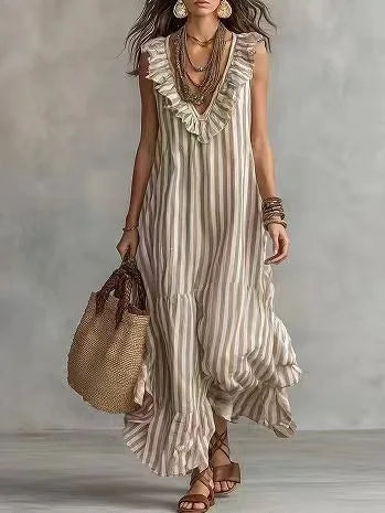 Elara Ruffle Striped Maxi Dress