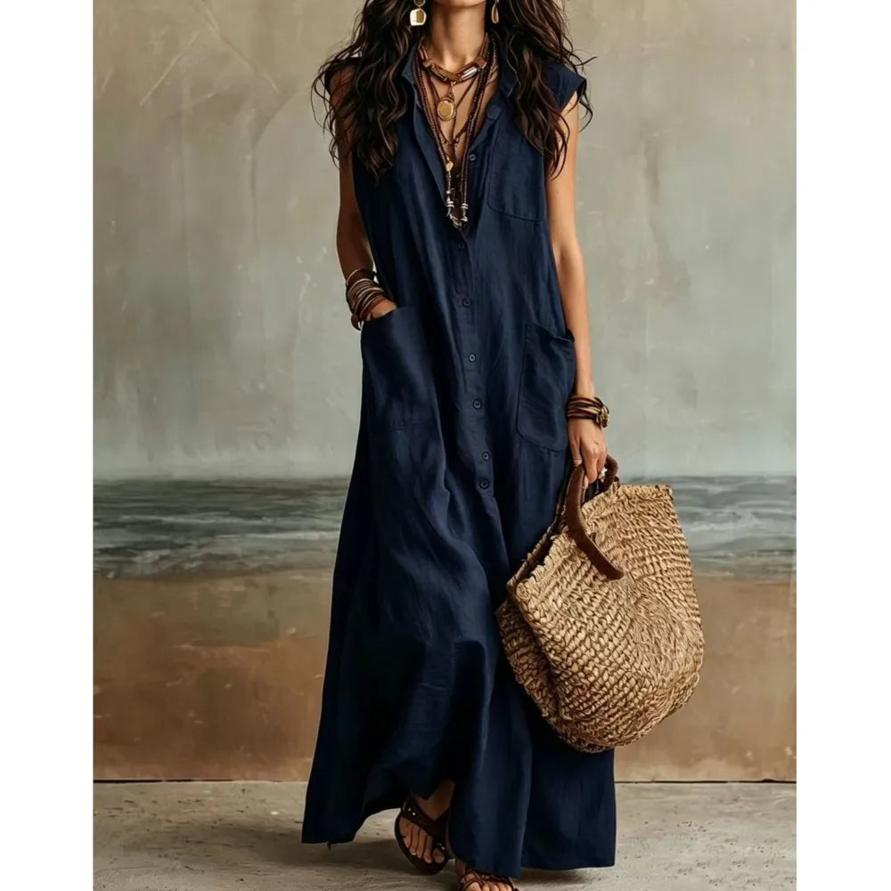 Keira Bohemian V Neck Casual Linen Maxi Dress