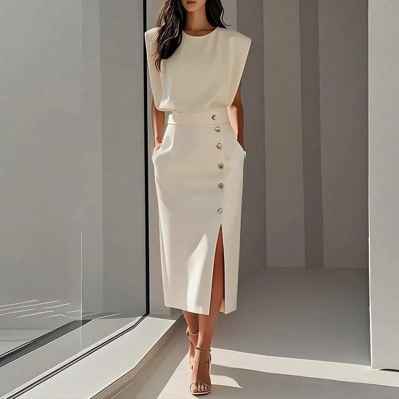 Arabella Elegant Button Split Midi Dress