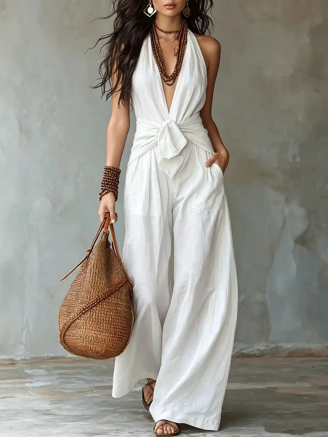 Ambrien Front Tie Wide Leg Jumpsuit