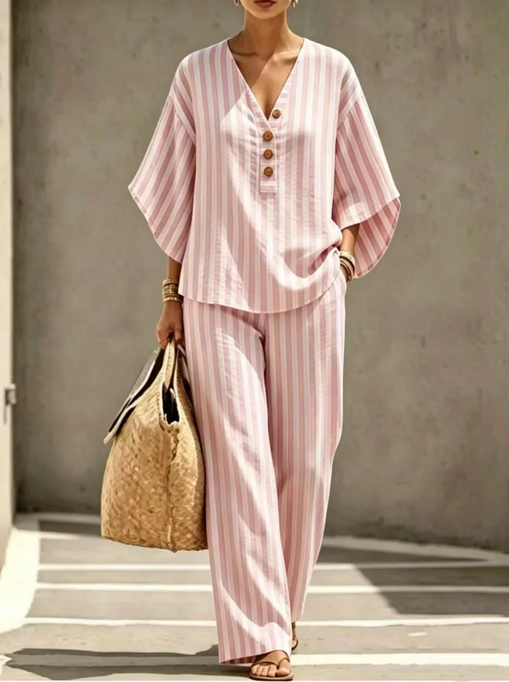 Arianne Striped Short Sleeve Button Front Pants Set