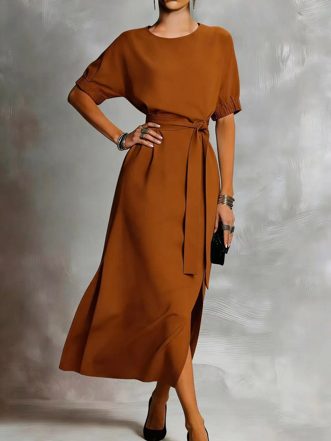 Delyra Casual Front Tie Everyday Midi Dress