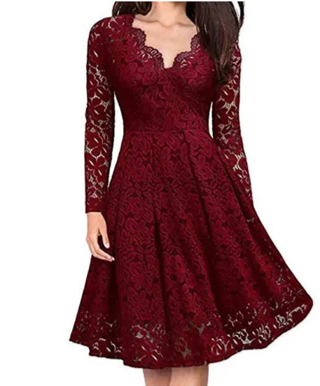 Rhiannon Lace Long Sleeve V Neck Midi Dress