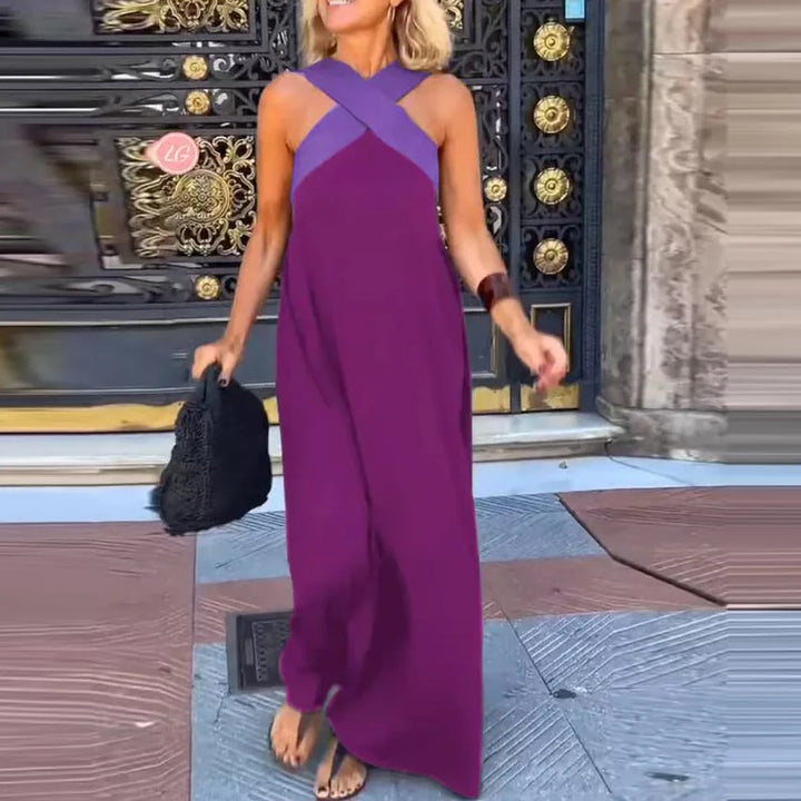 Adelina Contrast Halter Backless Maxi Dress