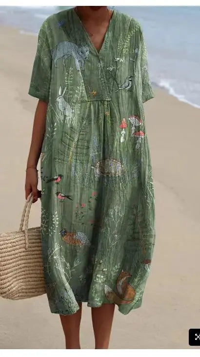Ophira Printed V Neck Midi Dress