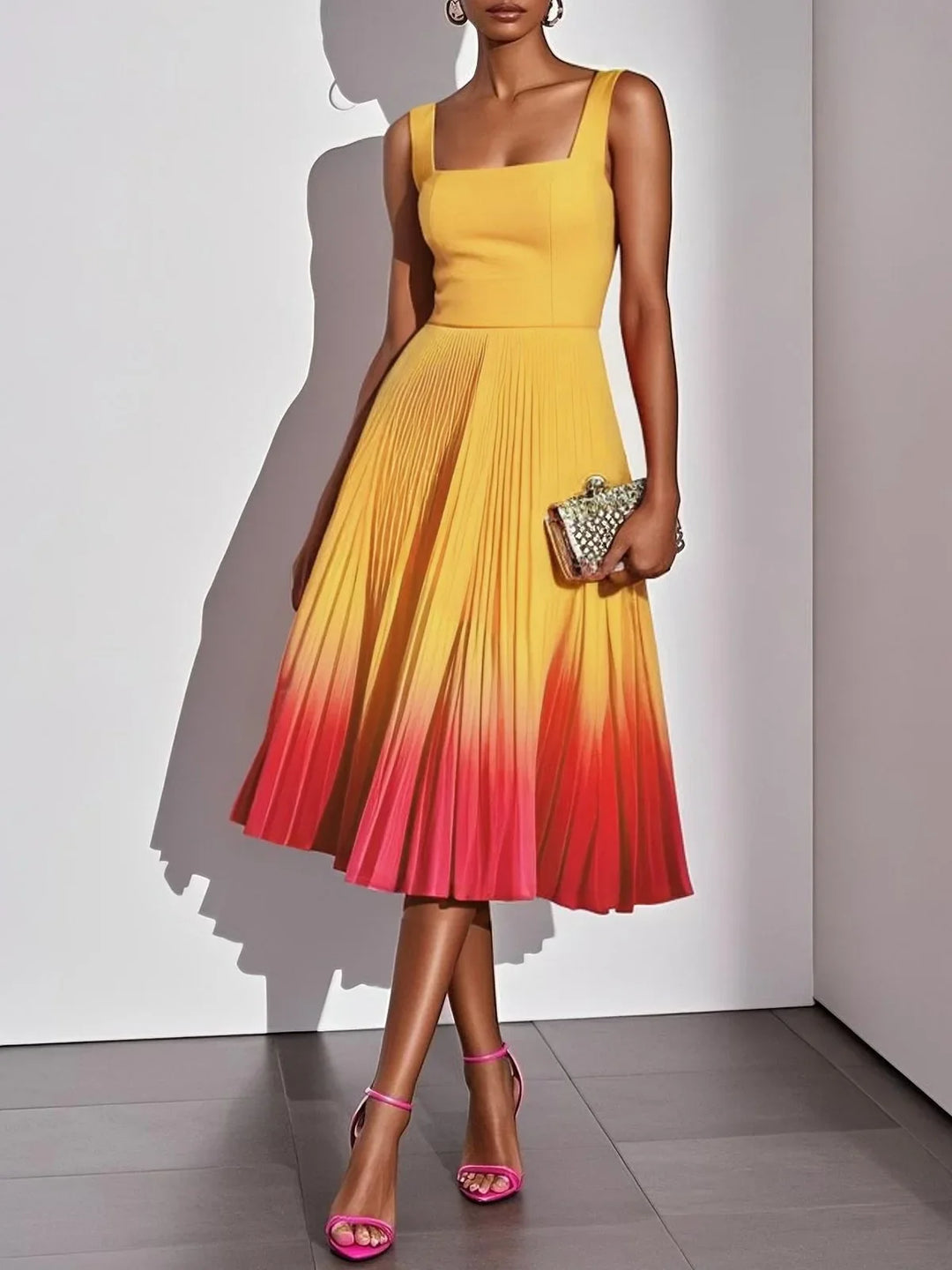 Gloria Pleated Ombre Party Midi Dress