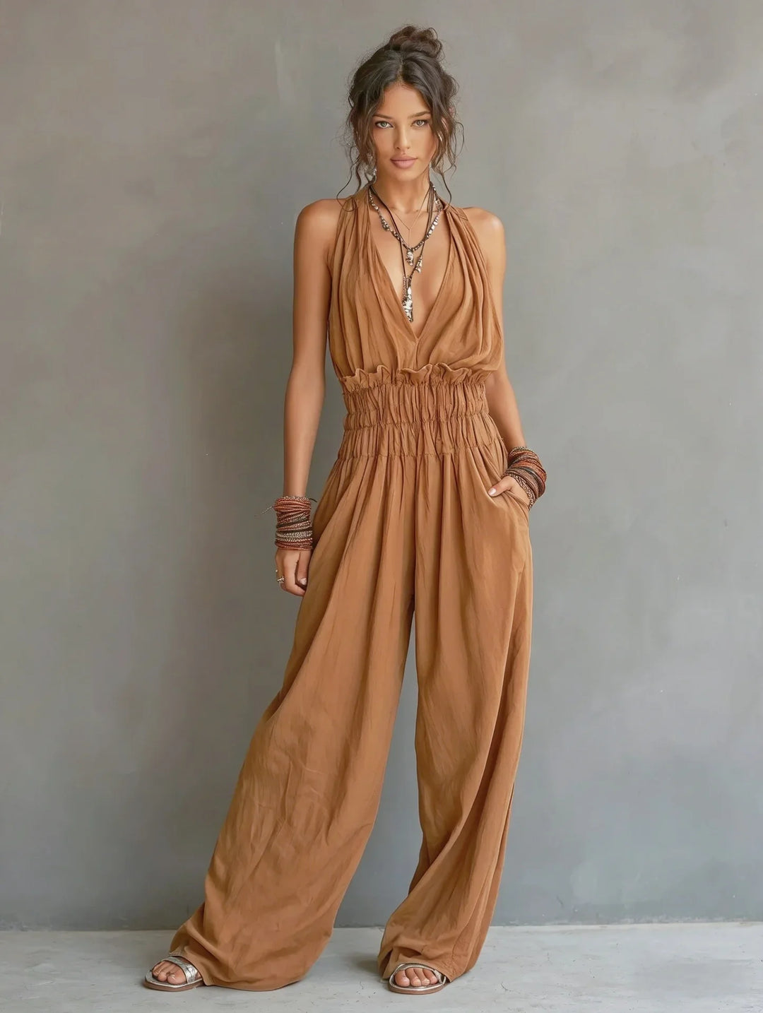 Carvella Deep V Neck Wide Leg Jumpsuit