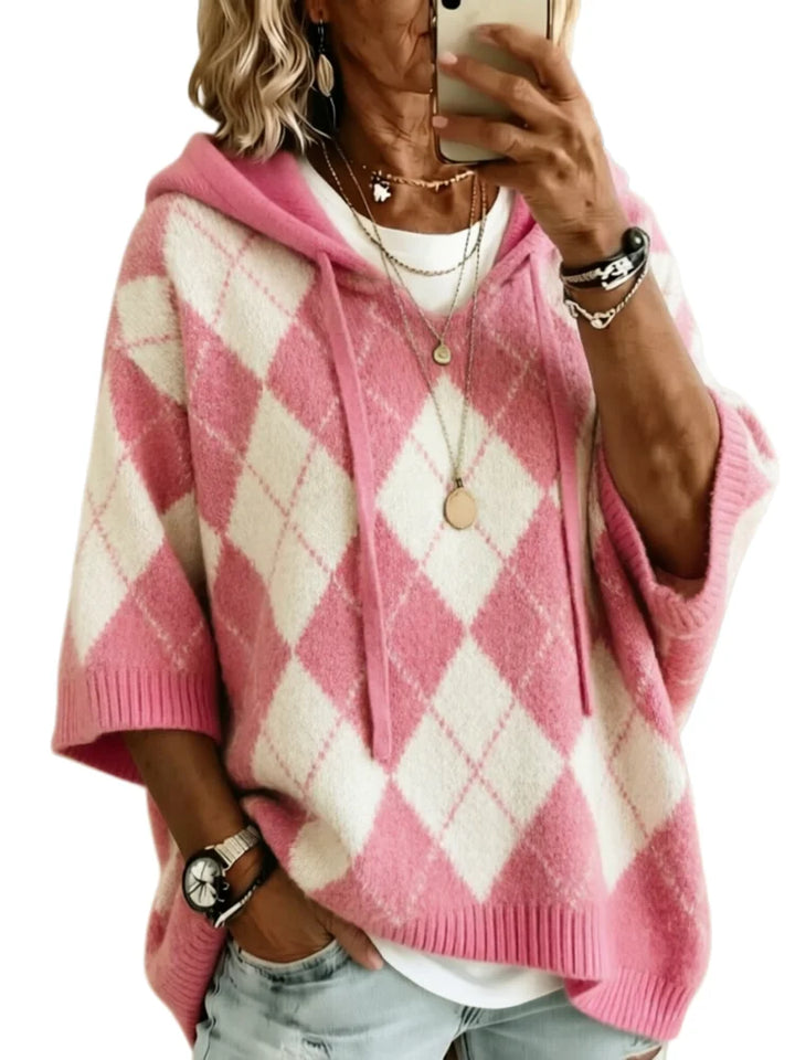 Odalene Argyle Drawstring Hood Knit