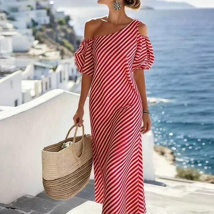 Lazara Bohemian Striped One Shoulder Maxi Dress