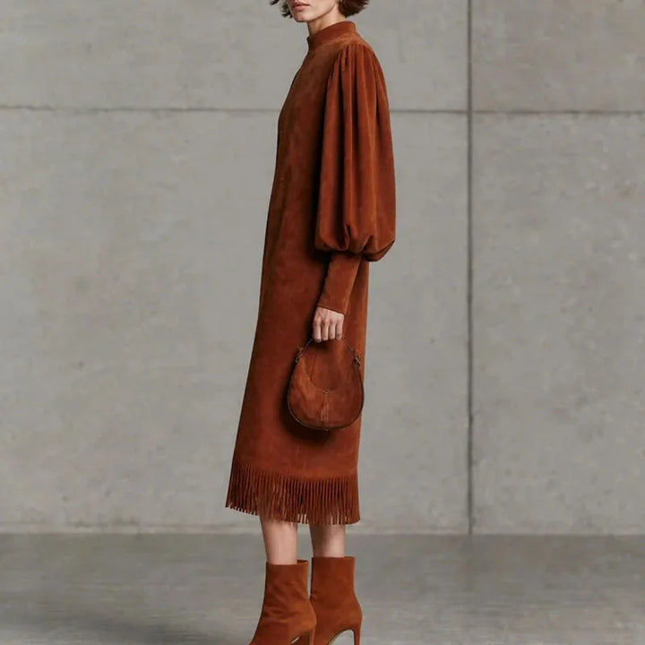 Zinnia Lantern Sleeve Fringe Dress