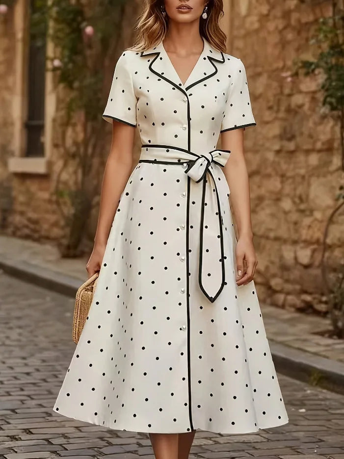 Camellia Elegant French Polka Dot Midi Dress