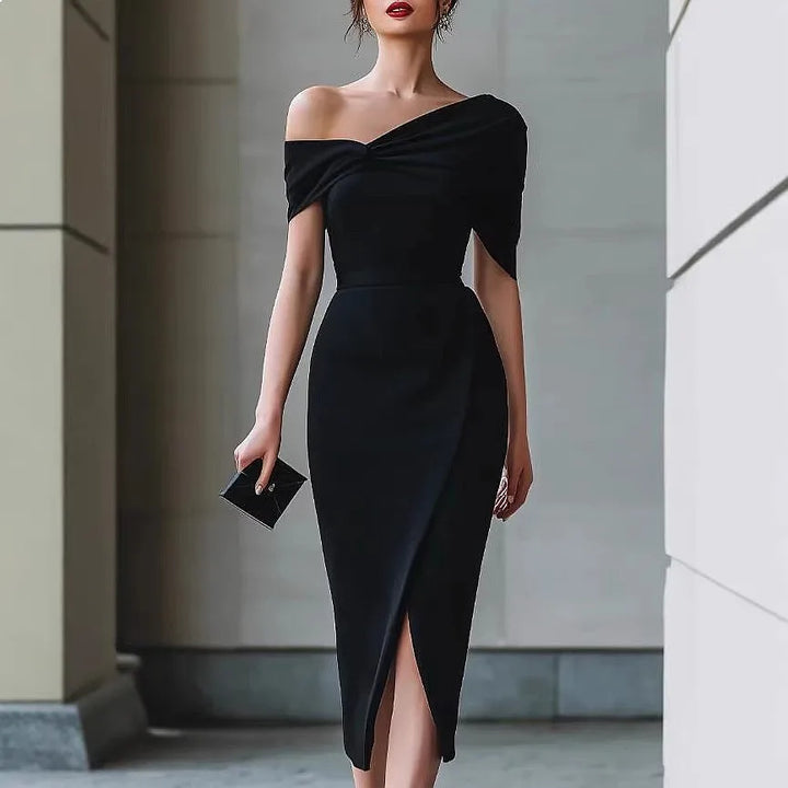 Jannat Draped Shoulder Midi Dress