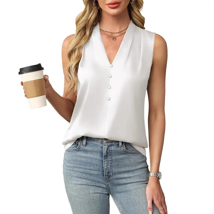 Celestia Sleeveless Satin V Neck Blouse