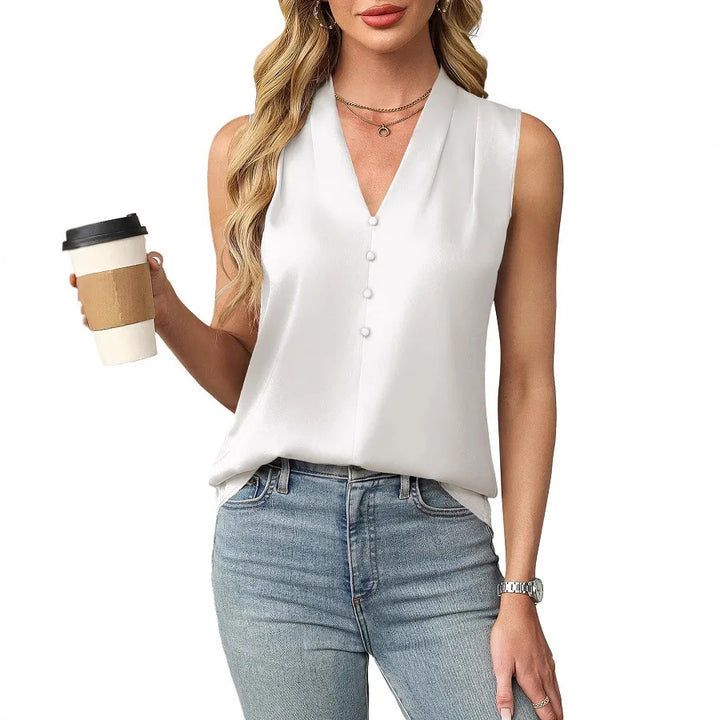 Celestia Sleeveless Satin V Neck Blouse