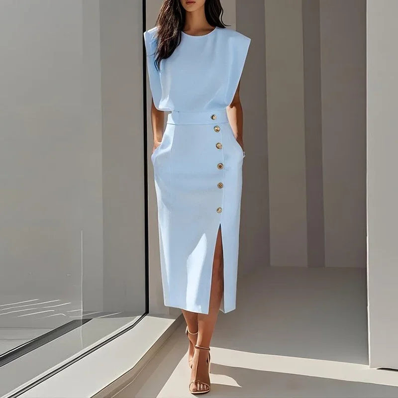 Arabella Elegant Button Split Midi Dress