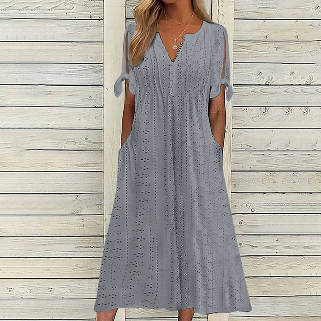 Thalora V Neck Eyelet Midi Dress
