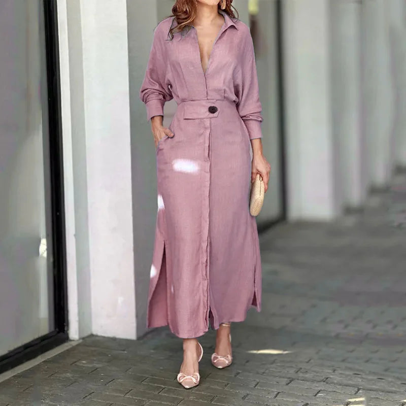 Alorina V Neck Maxi Shirt Dress