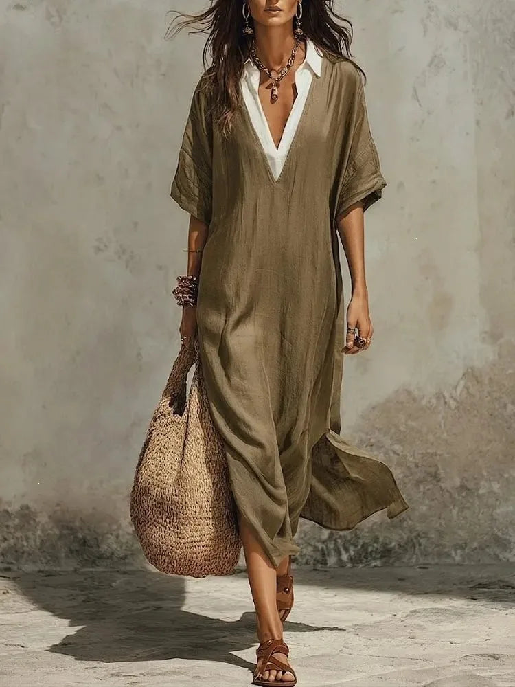 Verena Bohemian Deep V Short Sleeve Maxi Dress