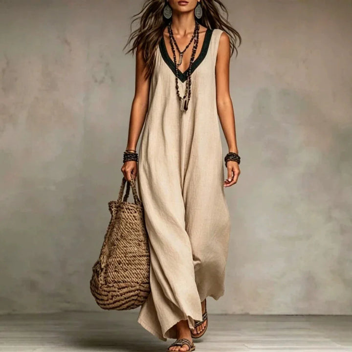 Eulalia Bohemian V Neck Sleeveless Cotton Linen Maxi Dress