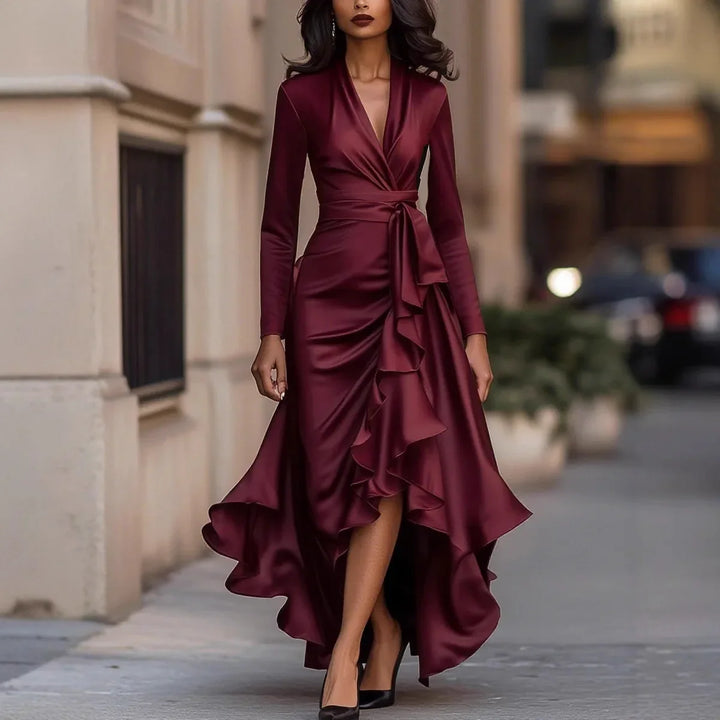 Audrey Ruffle Satin Maxi Dress