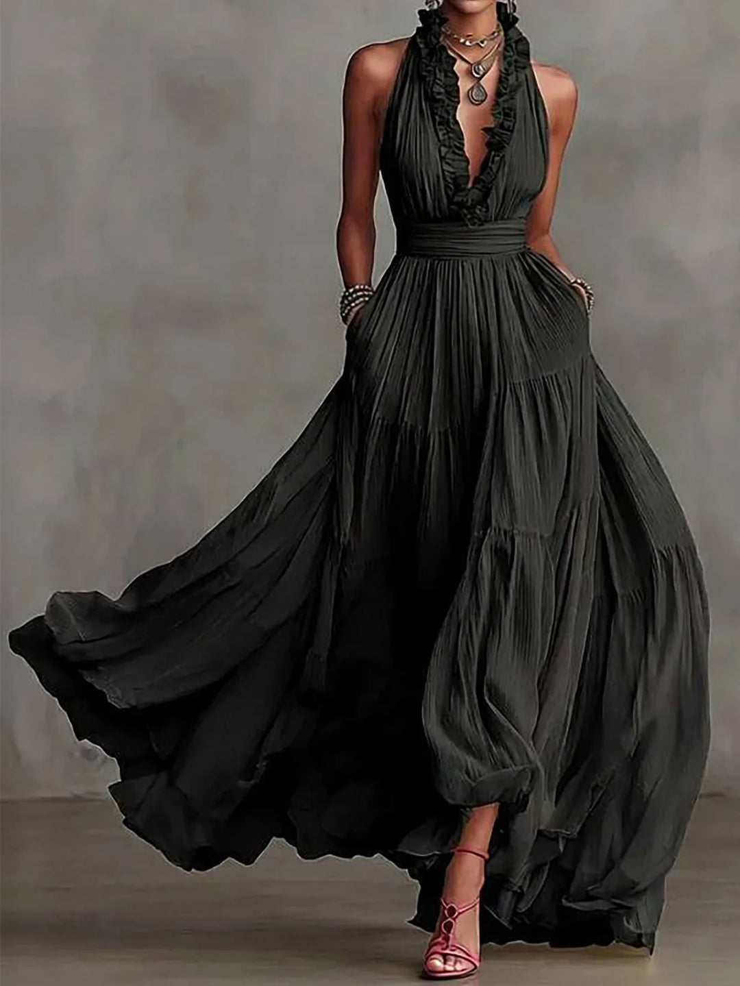 Zinnia Ruffle Trim Evening Maxi Dress