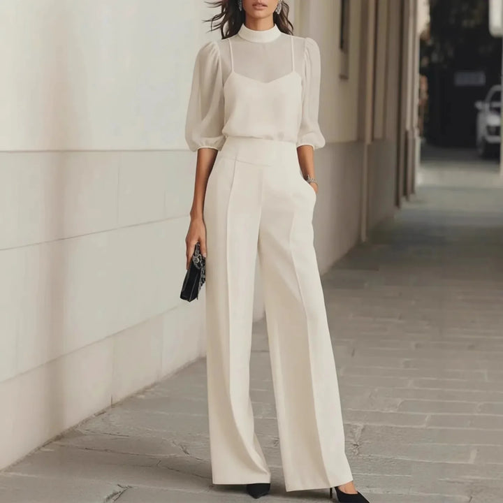 Zinnia Elegant Patchwork Long Sleeve Wide Leg Jumpsuit