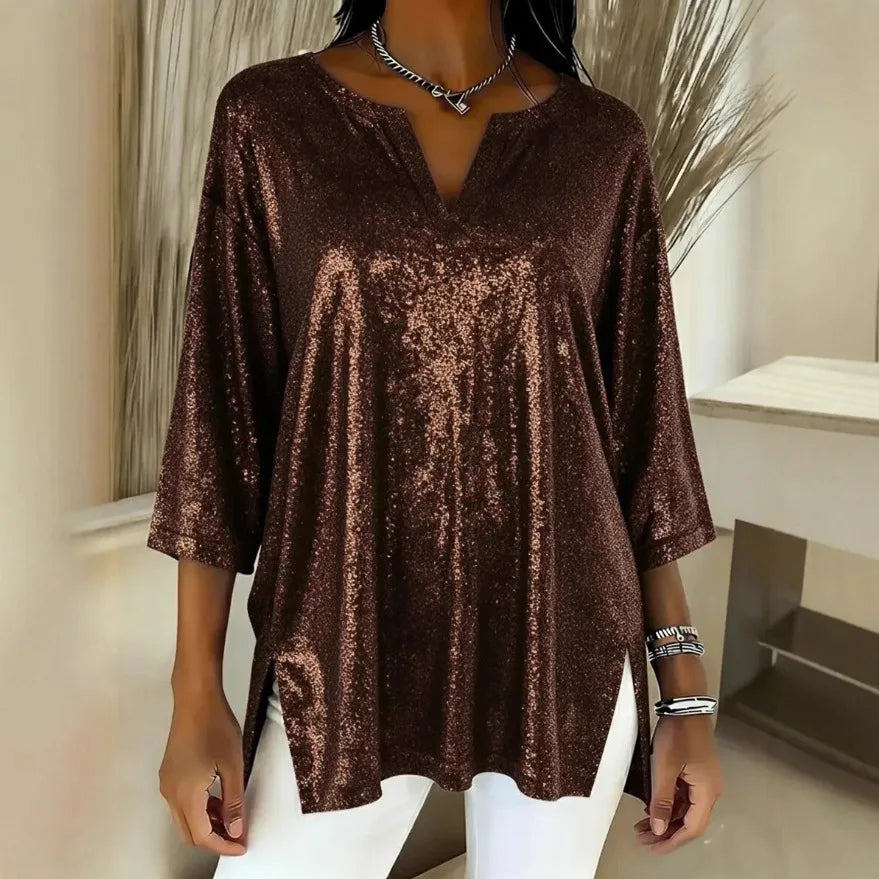 Corinne Shimmer Split Neck Blouse