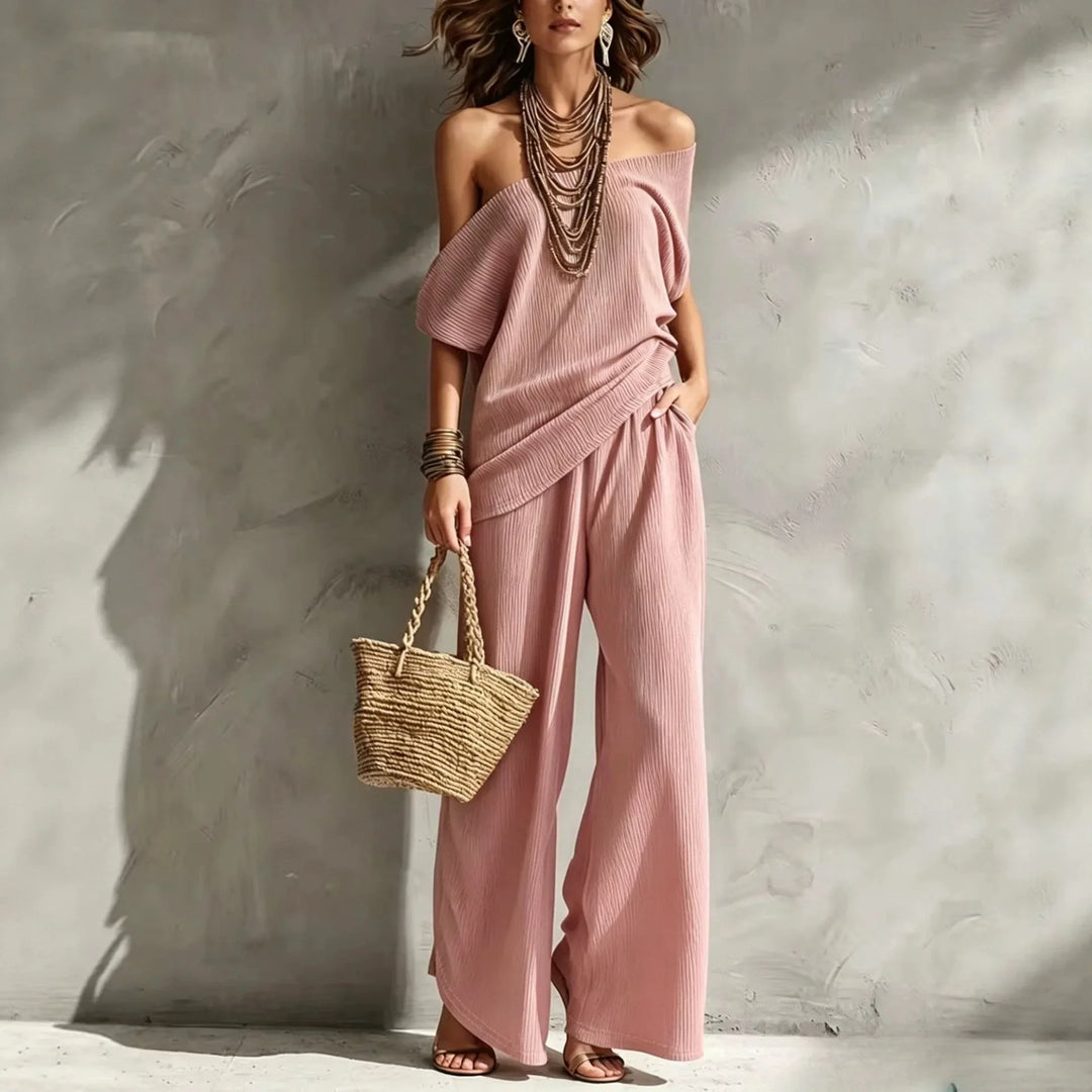 Meliora Off Shoulder Wide Leg Jumpsuit Set