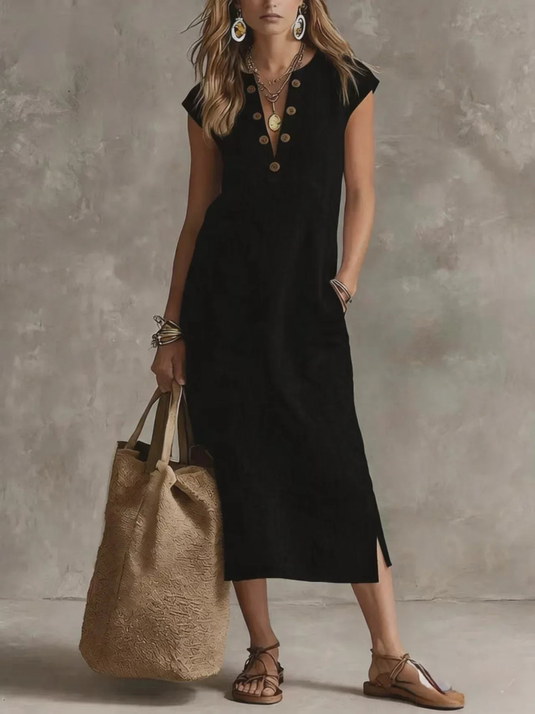 Sabine Relaxed V Neck Button Front Midi Dress