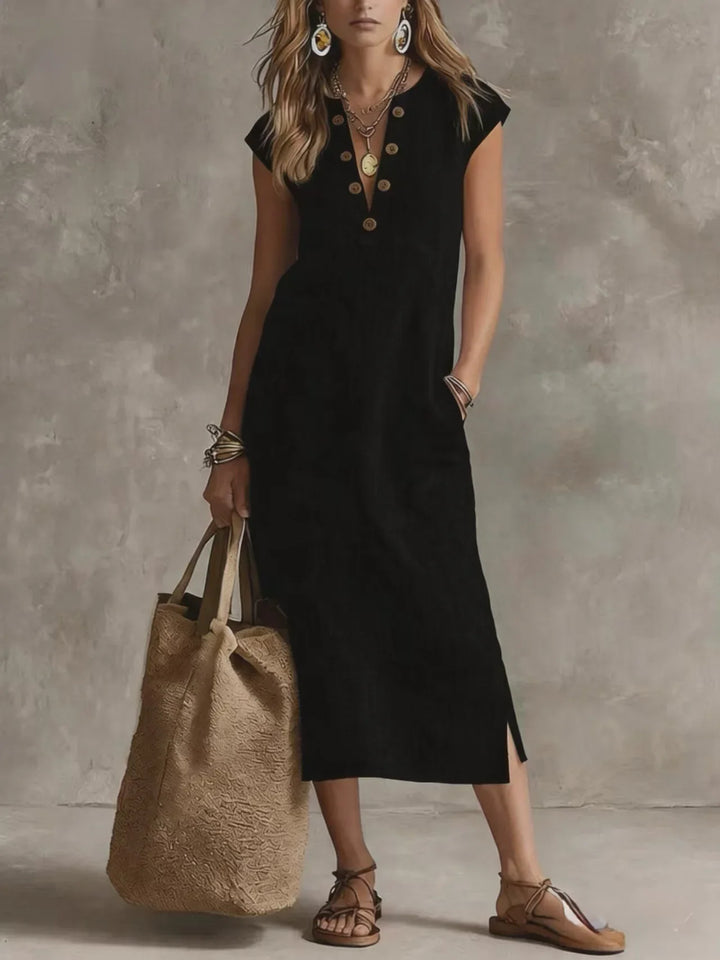 Sabine Relaxed V Neck Button Front Midi Dress