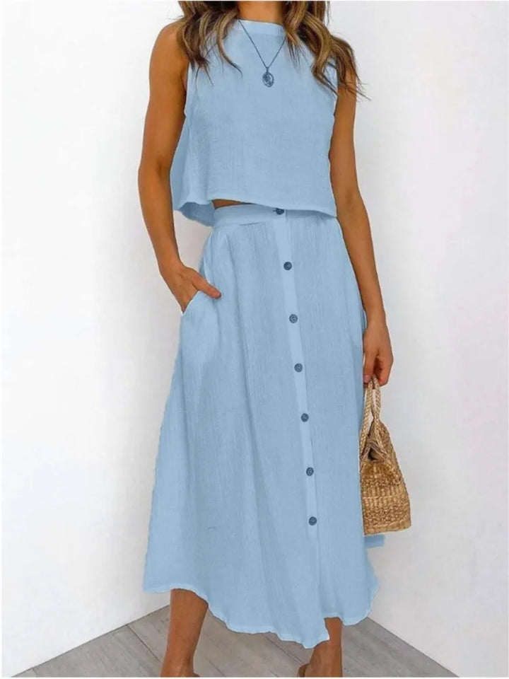 Levarn Sleeveless Top And Button Midi Skirt Set