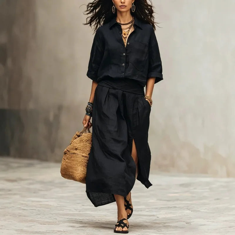 Kayla Linen Shirt and Midi Skirt Set