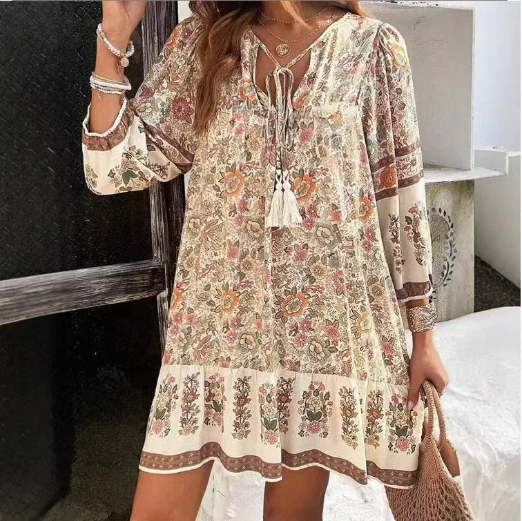 Evelora Relaxed Boho Print Long Sleeve Mini Dress