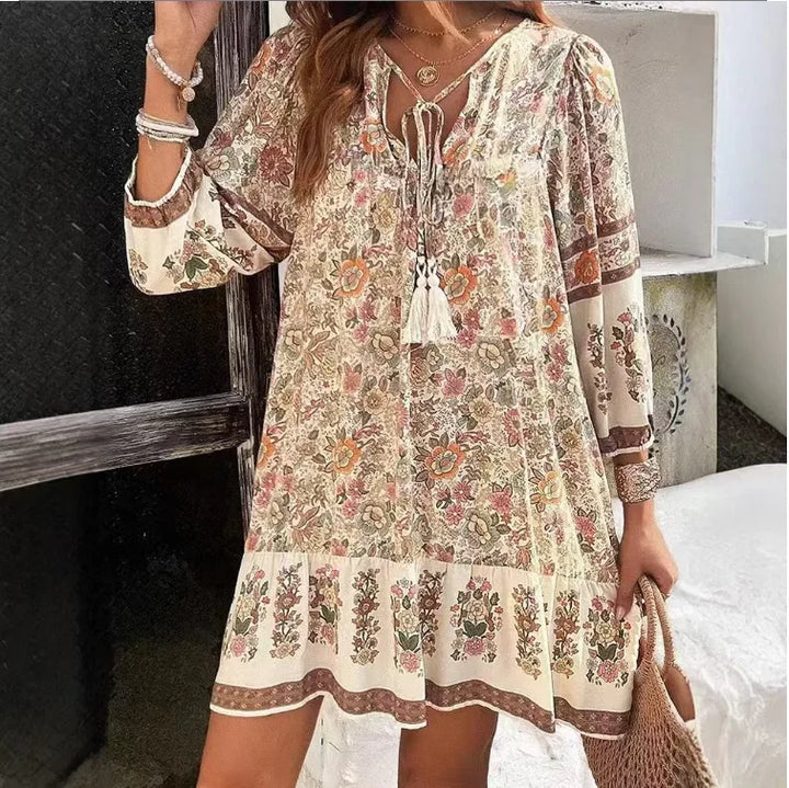 Evelora Relaxed Boho Print Long Sleeve Mini Dress