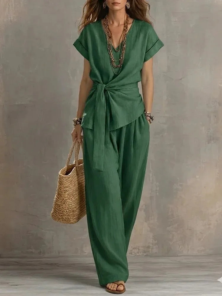Orlena Relaxed Tie Waist V Neck Lounge Set