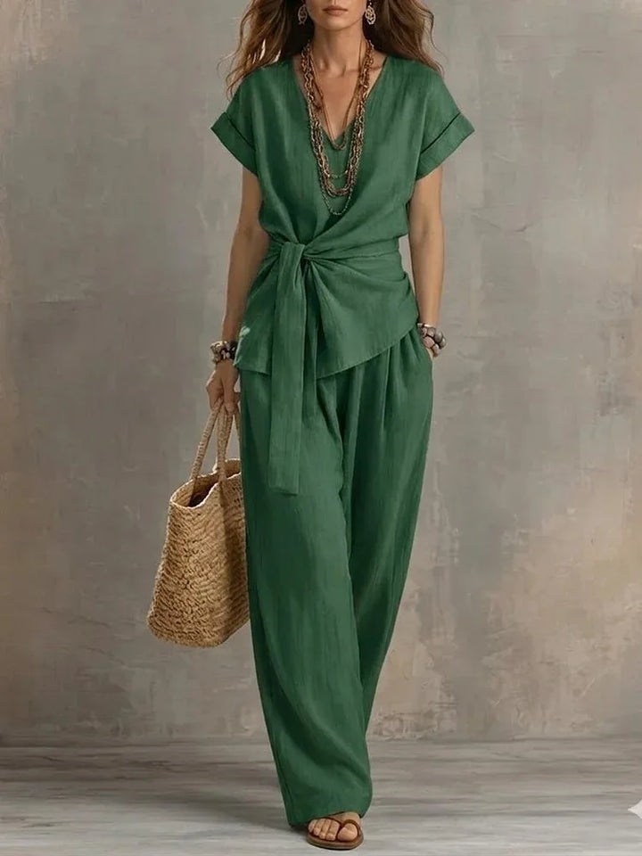 Orlena Relaxed Tie Waist V Neck Lounge Set