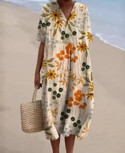 Ophira Printed V Neck Midi Dress