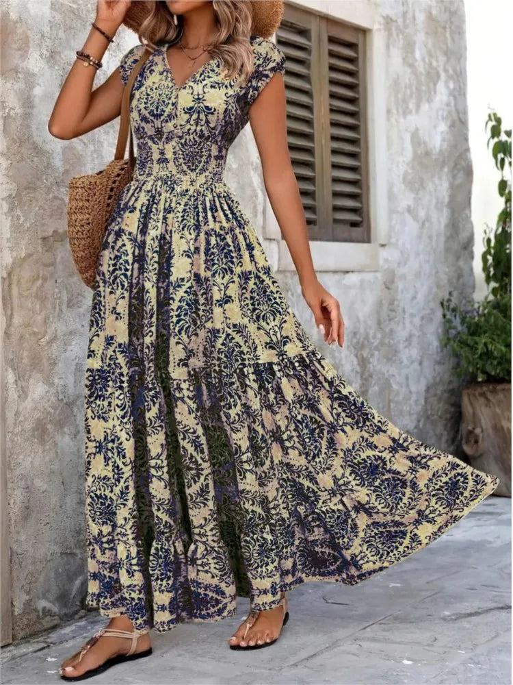 Valora Elegant V Neck Bohemian Maxi Dress