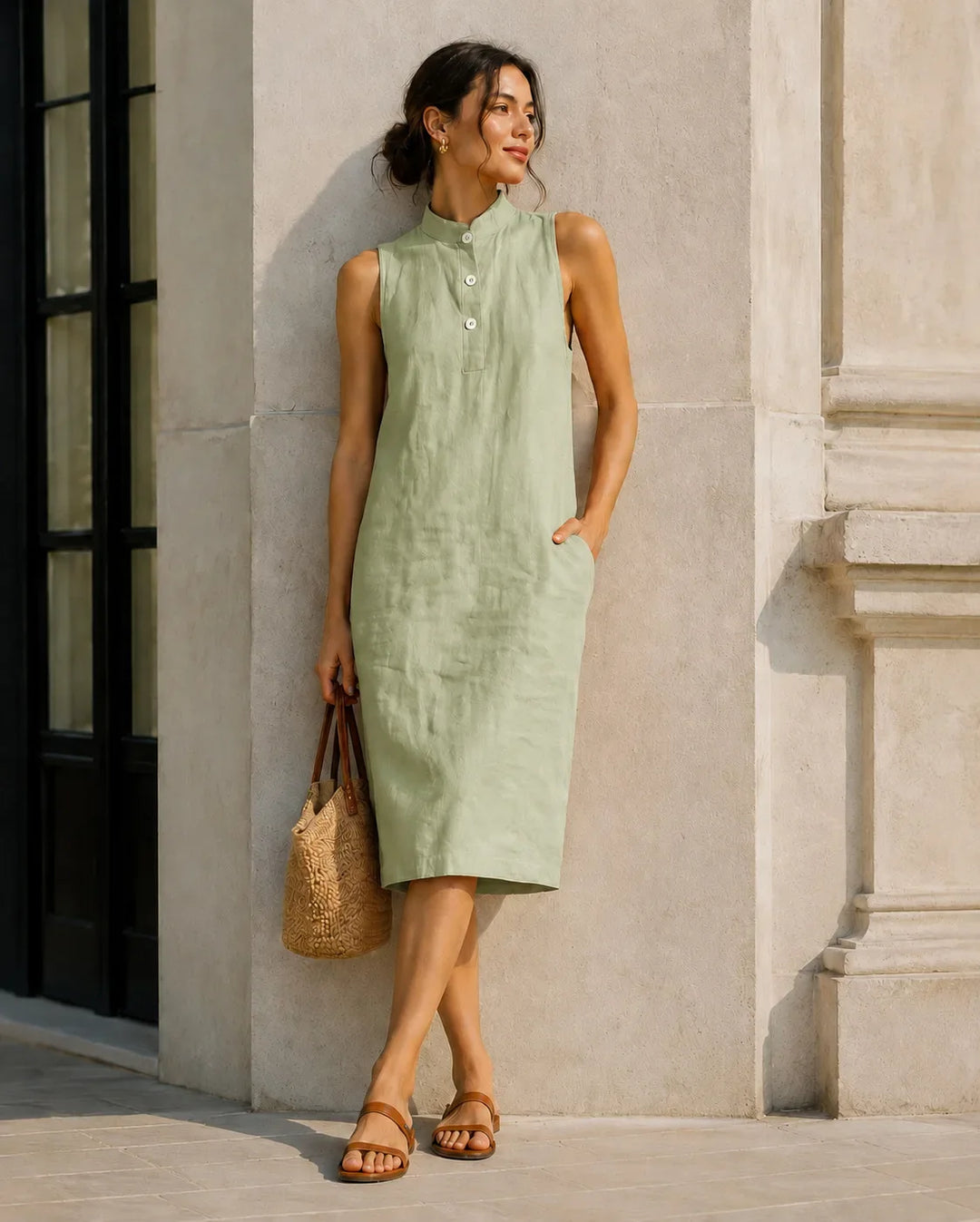 Evania Breathable Sleeveless Linen Midi Dress