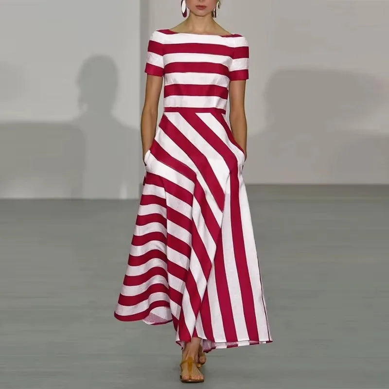 Paisley Striped Boat Neck Maxi Dress