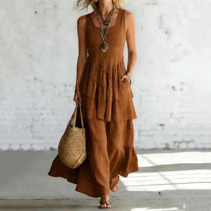 Fiorella Linen Layered Long Dress