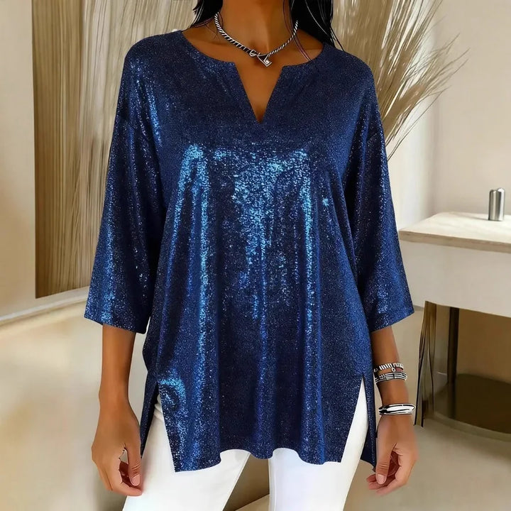 Corinne Shimmer Split Neck Blouse