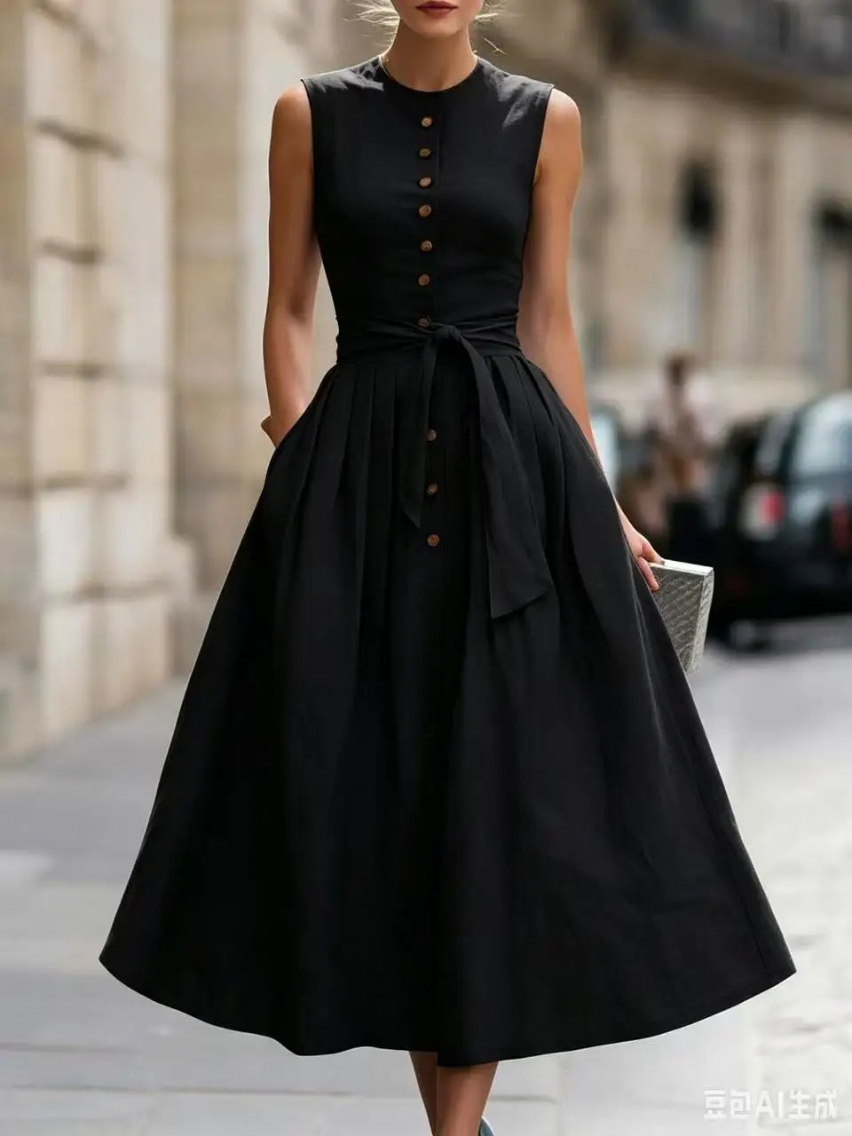 Nadira Elegant Tie Waist Linen Midi Dress