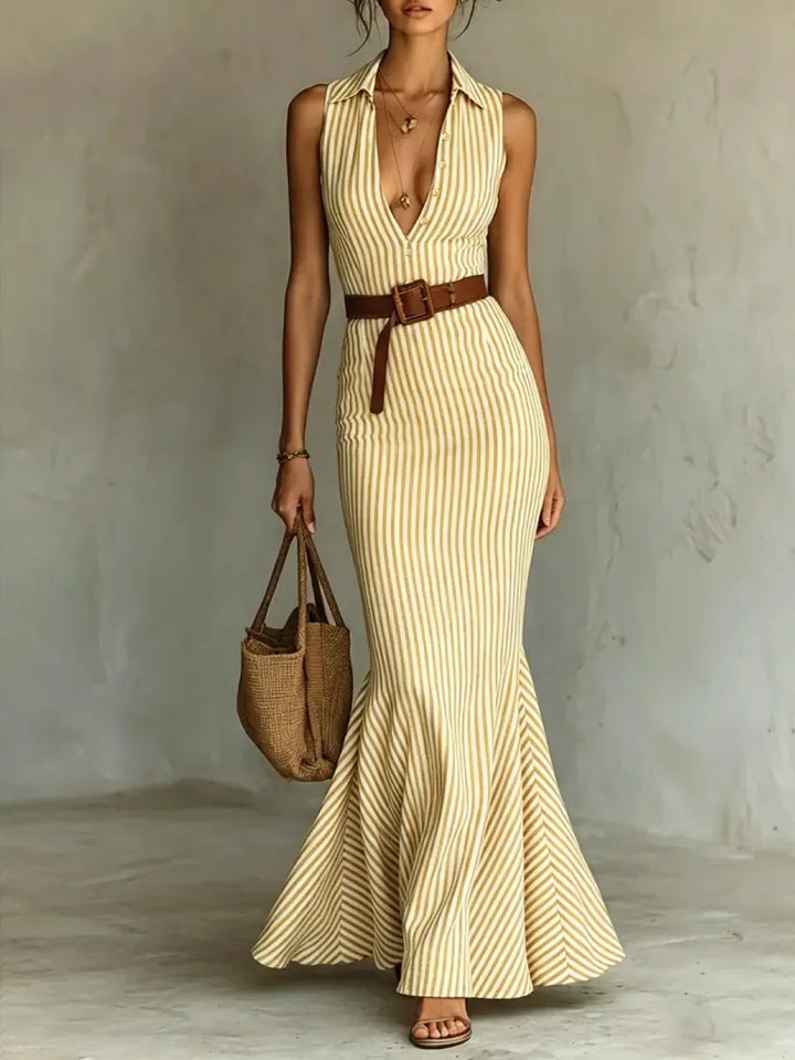 Galina Elegant V Neck Striped Long Dress