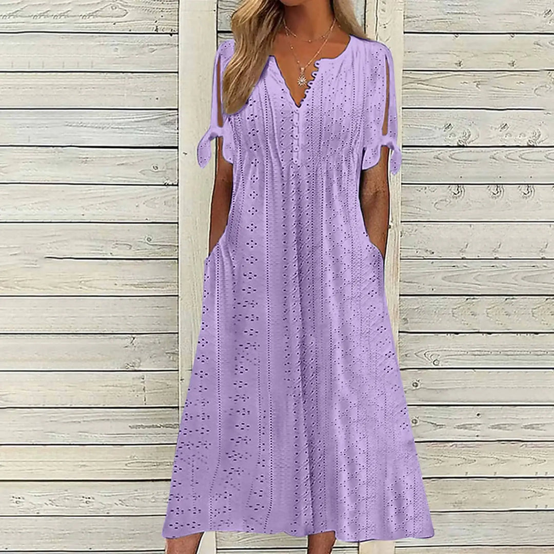 Thalora V Neck Eyelet Midi Dress