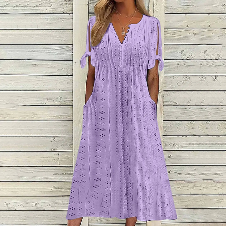 Thalora V Neck Eyelet Midi Dress