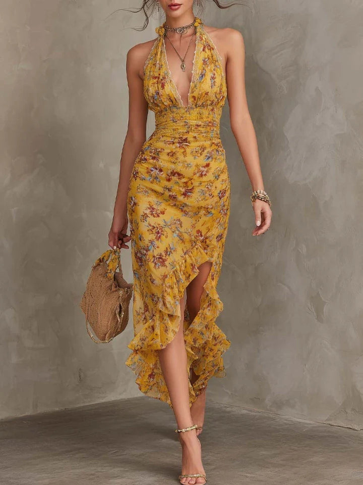 Jocelyn Floral Deep V Neck Ruffle Midi Dress