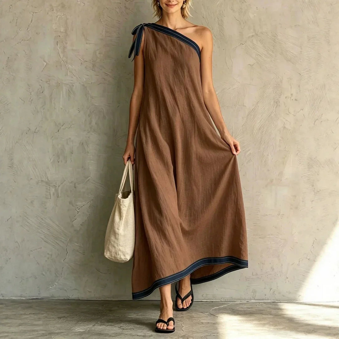 Cielena One Shoulder Wrap Flowing Maxi Dress