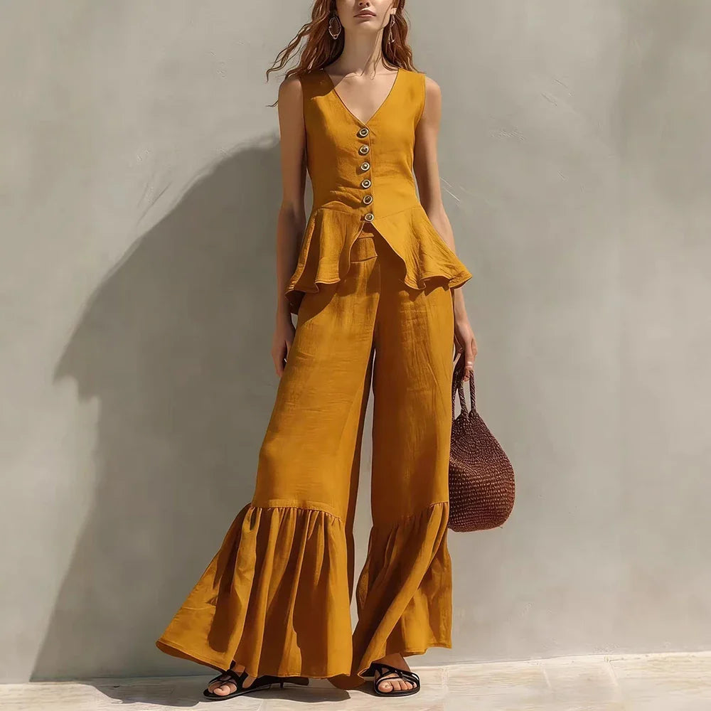 Sylvie Sleeveless Ruffle Trim Wide Leg Pants Set